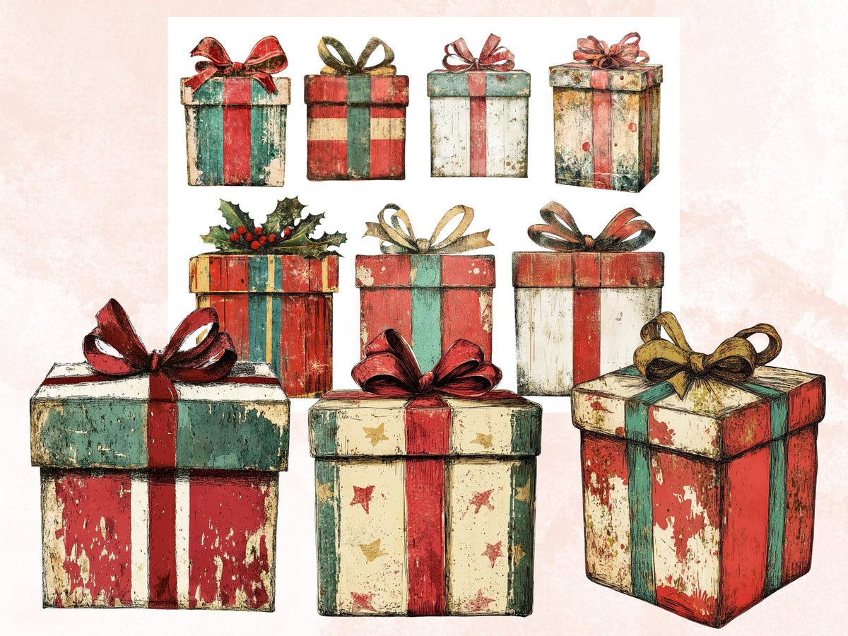 Christmas Gift Box Mixed Media Clipart, Retro Xmas Gifts Fussy Cut Collage Sheet, Ornaments Cut Out Ephemera, PNG + JPG for Scrapbooking