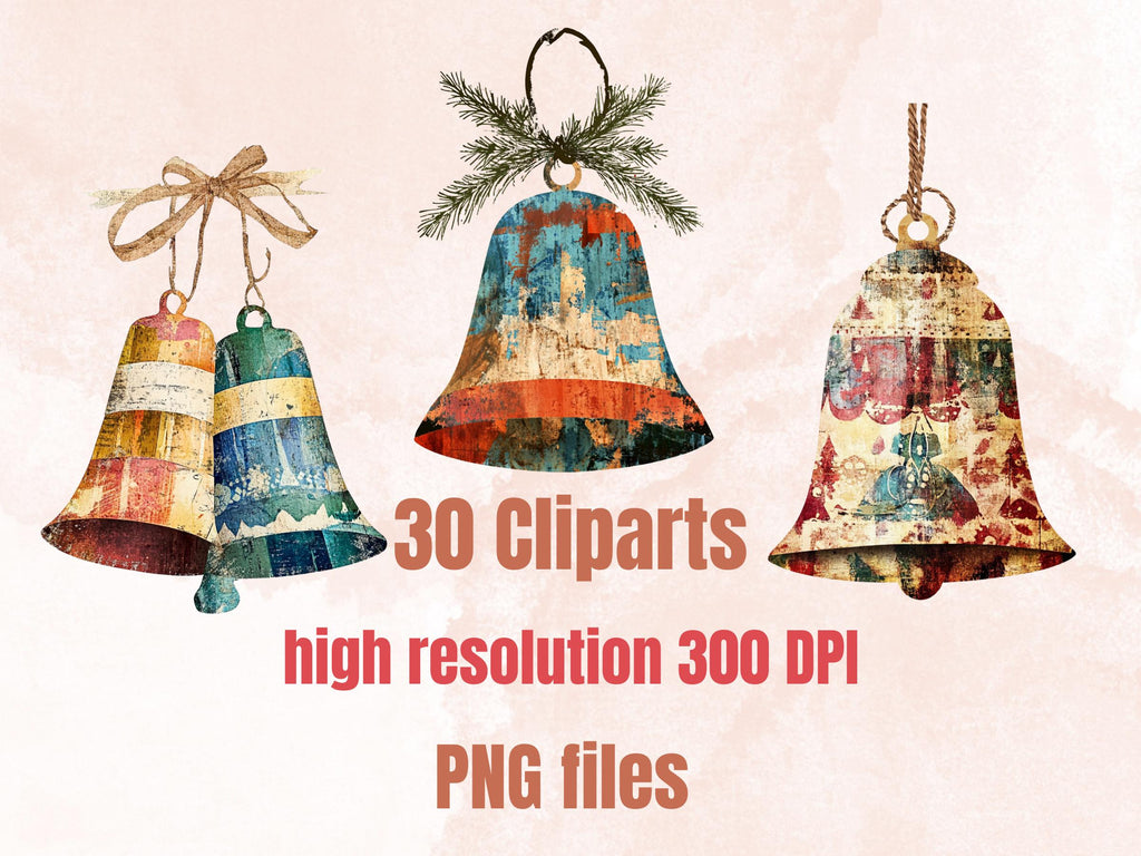Christmas Bells Mixed Media Clipart, Retro Xmas Bells Fussy Cut Collage Sheet, Ornaments Cut Out Ephemera, PNG + JPG for Scrapbooking