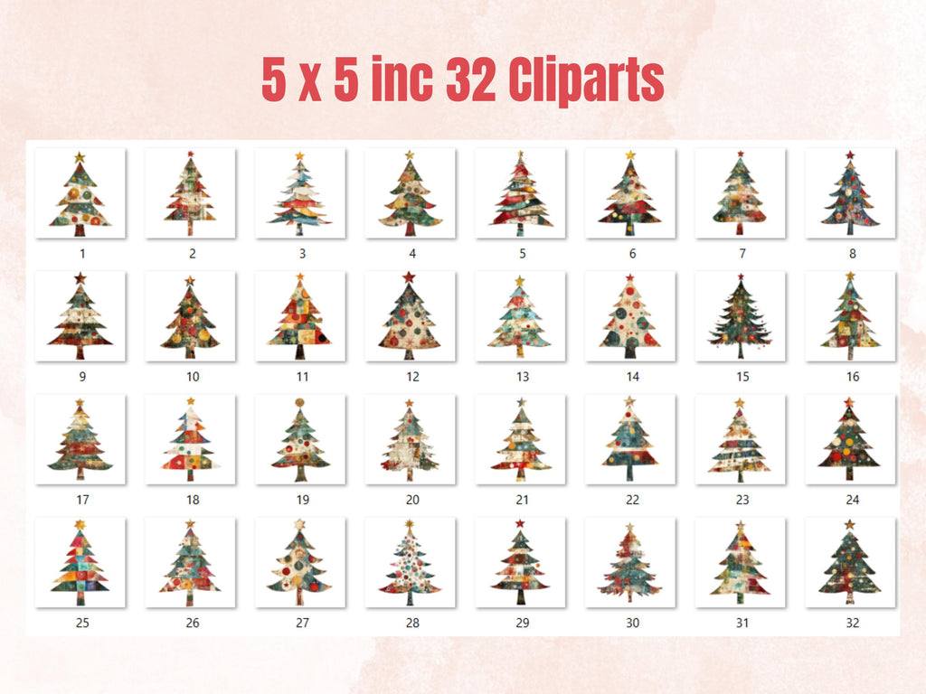Christmas Tree Mixed Media Clipart, Retro Xmas Holiday Tree Fussy Cut Collage Sheet, Ornaments Cut Out Ephemera, PNG + JPG for Scrapbooking