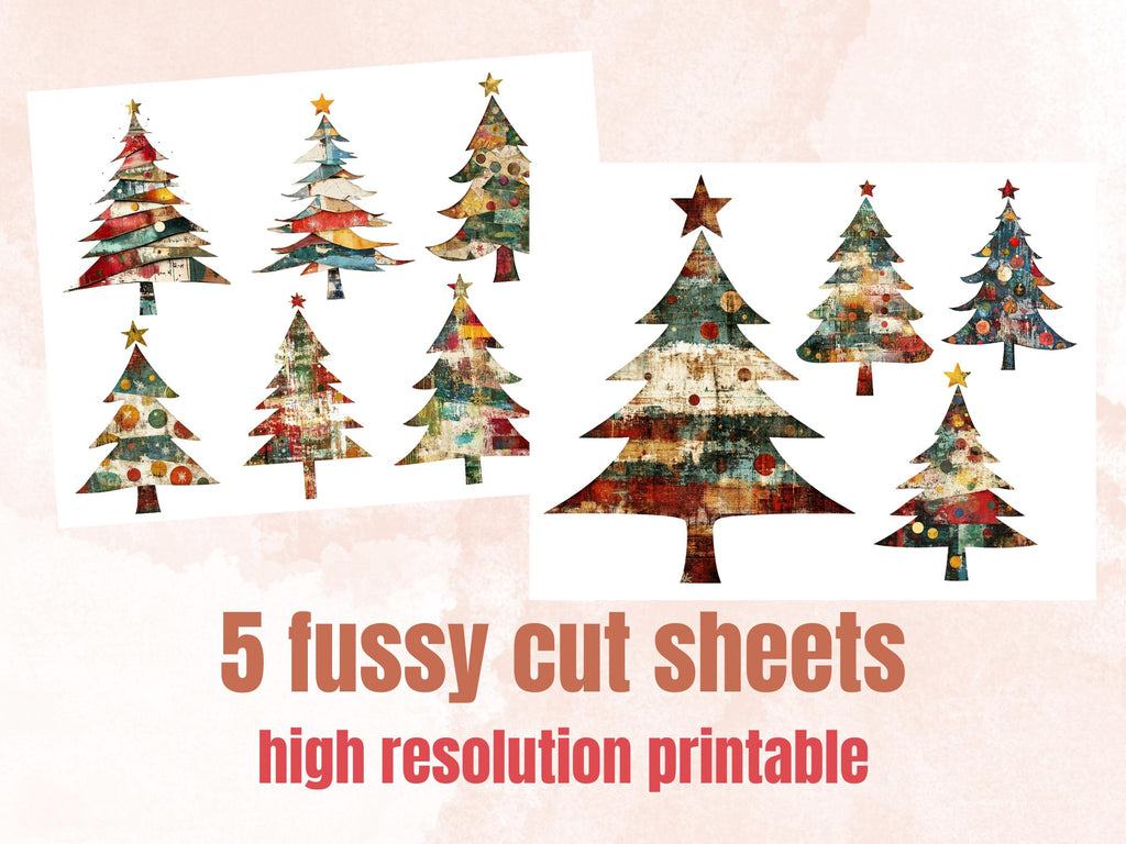 Christmas Tree Mixed Media Clipart, Retro Xmas Holiday Tree Fussy Cut Collage Sheet, Ornaments Cut Out Ephemera, PNG + JPG for Scrapbooking