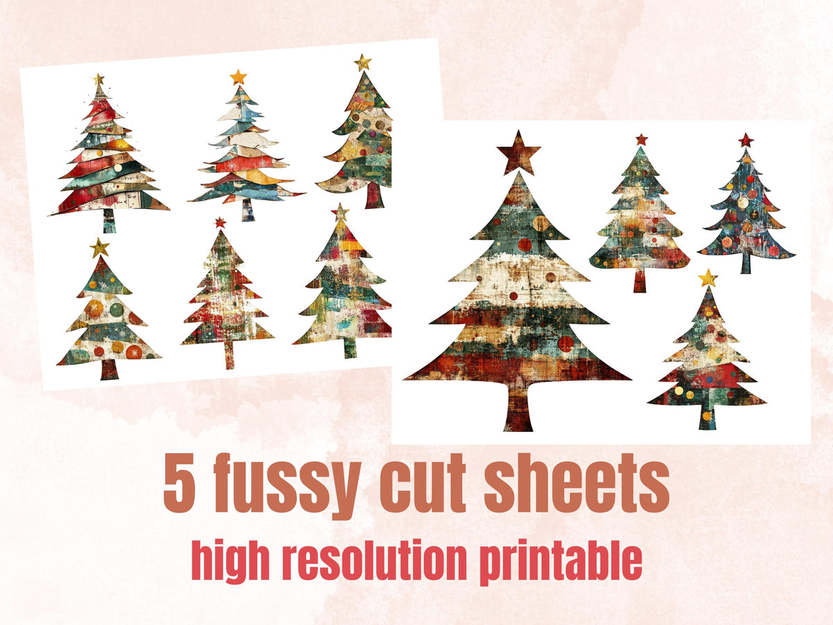 Christmas Tree Mixed Media Clipart, Retro Xmas Holiday Tree Fussy Cut Collage Sheet, Ornaments Cut Out Ephemera, PNG + JPG for Scrapbooking