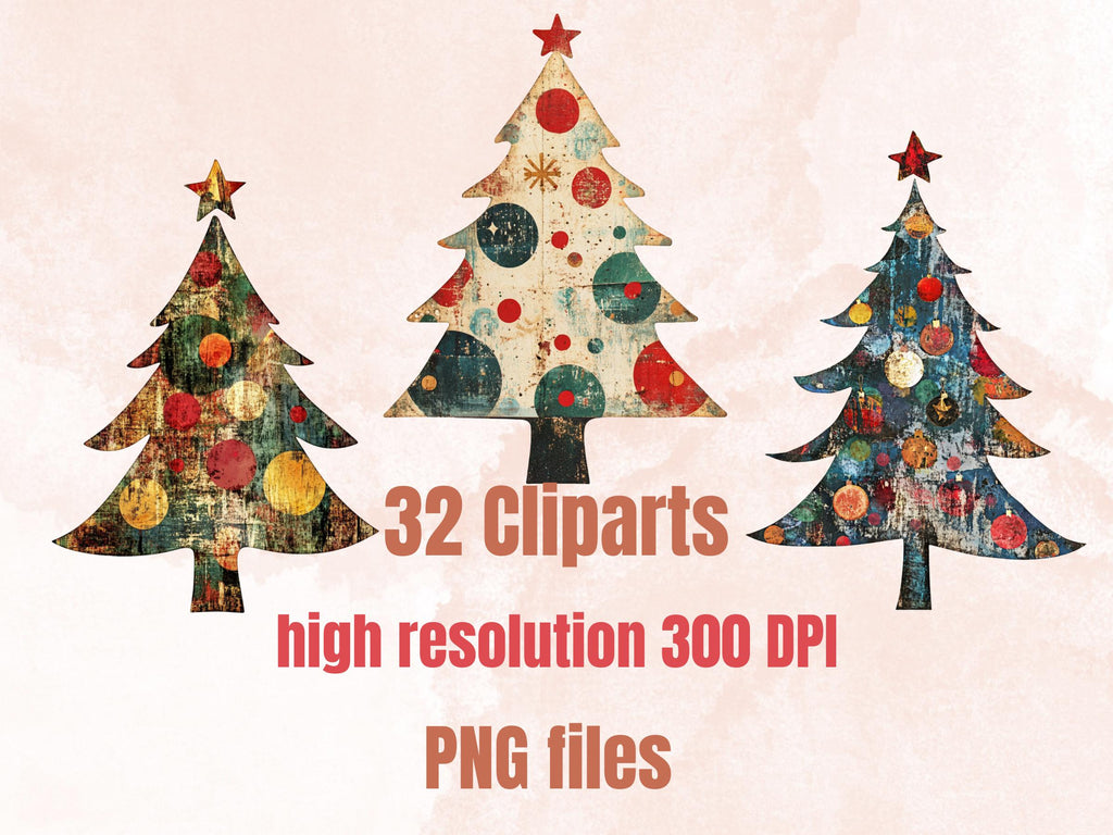 Christmas Tree Mixed Media Clipart, Retro Xmas Holiday Tree Fussy Cut Collage Sheet, Ornaments Cut Out Ephemera, PNG + JPG for Scrapbooking