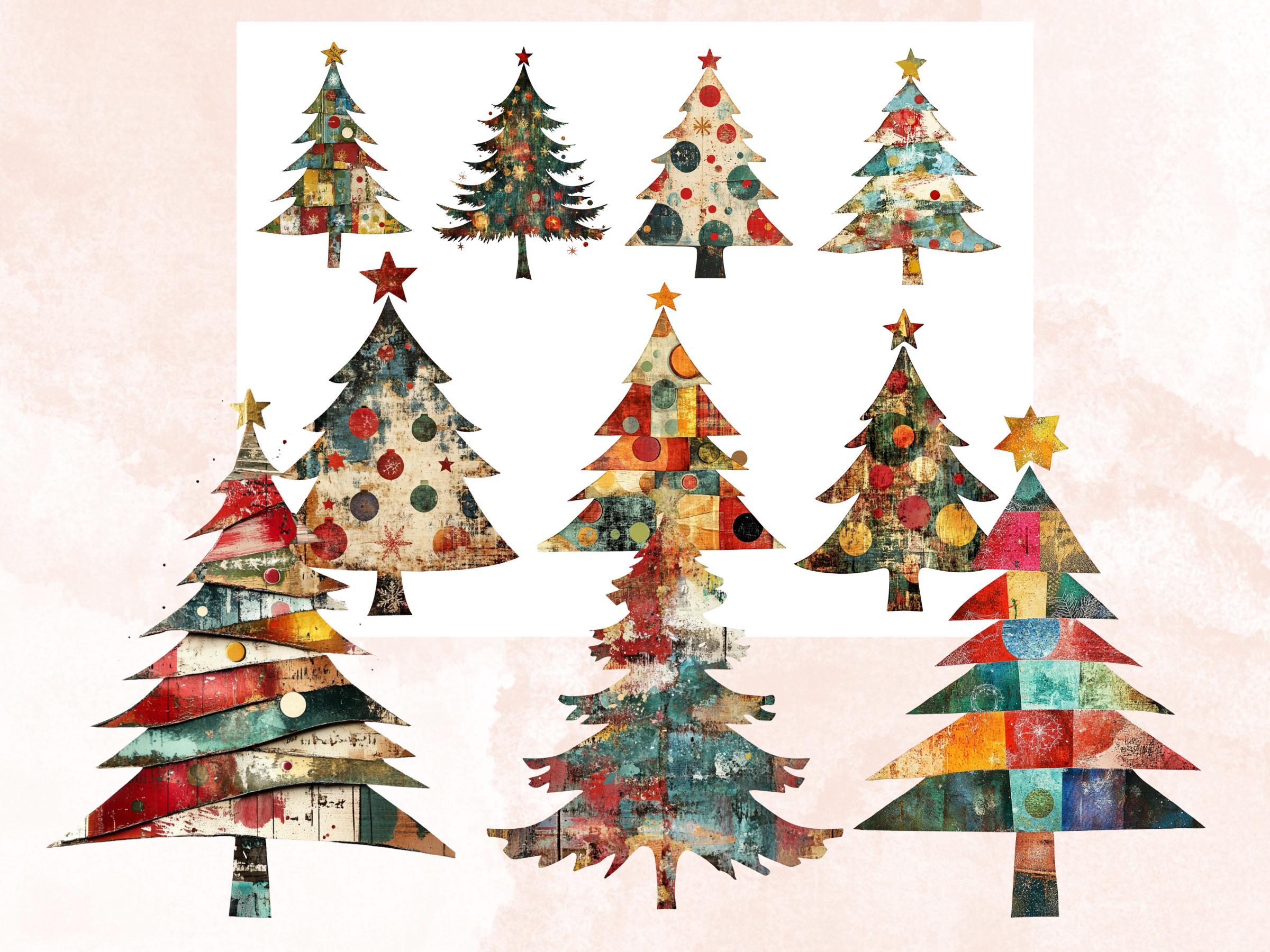 Christmas Tree Mixed Media Clipart, Retro Xmas Holiday Tree Fussy Cut Collage Sheet, Ornaments Cut Out Ephemera, PNG + JPG for Scrapbooking