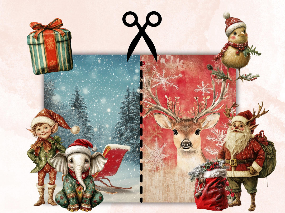 Whimsy Christmas Collage Elements Bundle, Quirky Christmas Fussy Cut, Xmas Characters Clipart, Whimsical Junk Journal, Xmas Scrapbooking Set