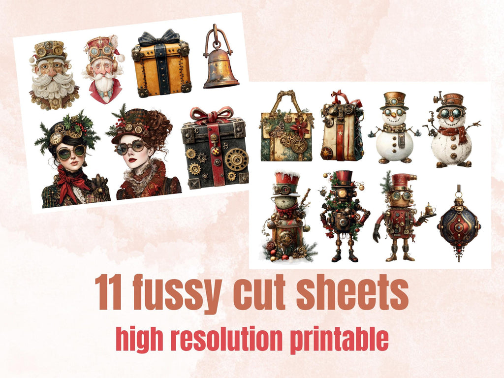 Steampunk Christmas Collage Elements Bundle, Industrial Christmas Fussy Cut, Xmas Characters Clipart, Quirky Junk Journal, Xmas Scrapbooking