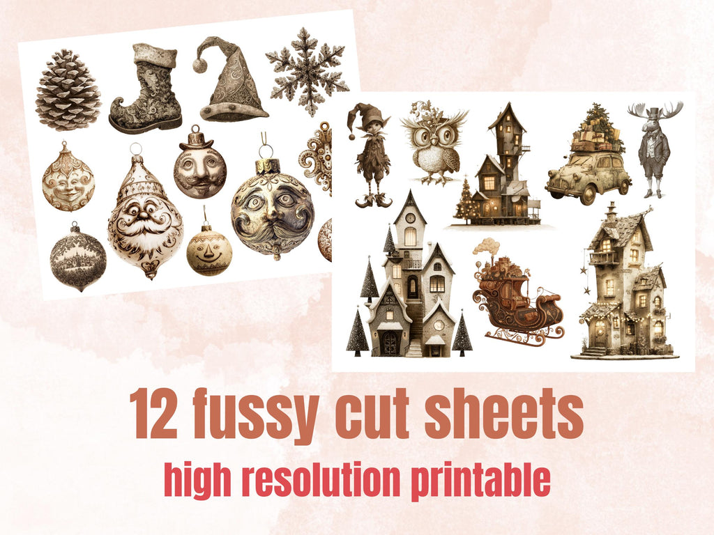 Old Christmas Collage Elements Bundle, Vintage Christmas Fussy Cut, Retro Xmas Characters Clipart, Quirky Junk Journal, Xmas Scrapbooking