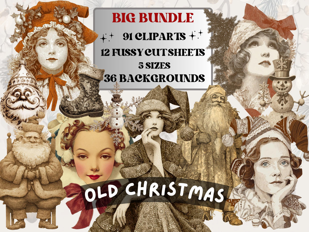 Old Christmas Collage Elements Bundle, Vintage Christmas Fussy Cut, Retro Xmas Characters Clipart, Quirky Junk Journal, Xmas Scrapbooking