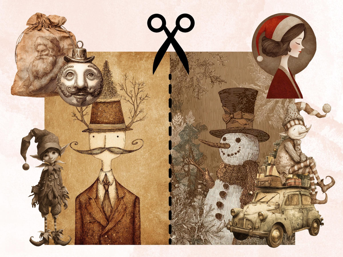 Old Christmas Collage Elements Bundle, Vintage Christmas Fussy Cut, Retro Xmas Characters Clipart, Quirky Junk Journal, Xmas Scrapbooking