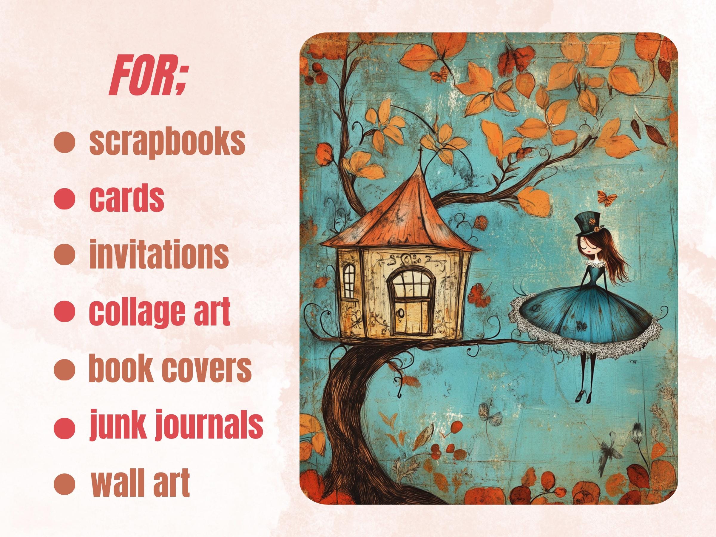 Fall Alice Collage Paper, Alice in Wonderland Mixed Media Sheet, Fairytale Fall Ephemera Images, Alice Junk Journal, Autumn Scrapbook Paper