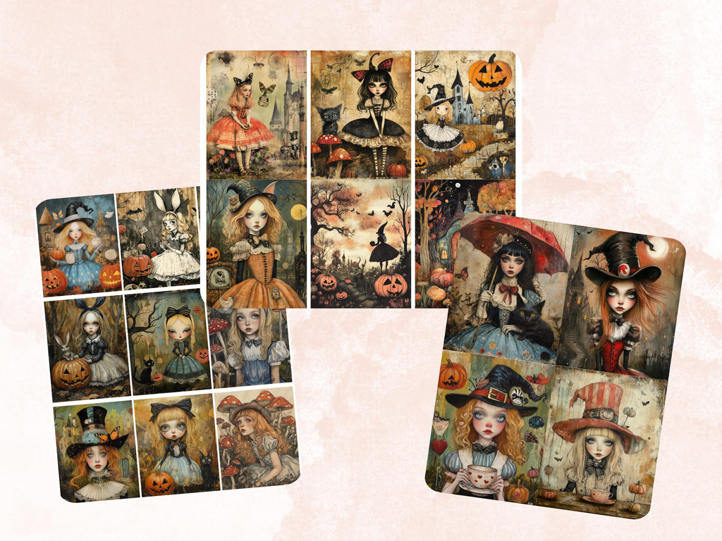 Halloween Alice Collage Paper, Alice in Wonderland Mixed Media Sheet, Creepy Alice Images, Whimsy Junk Journal, Spooky Scrapbook Paper