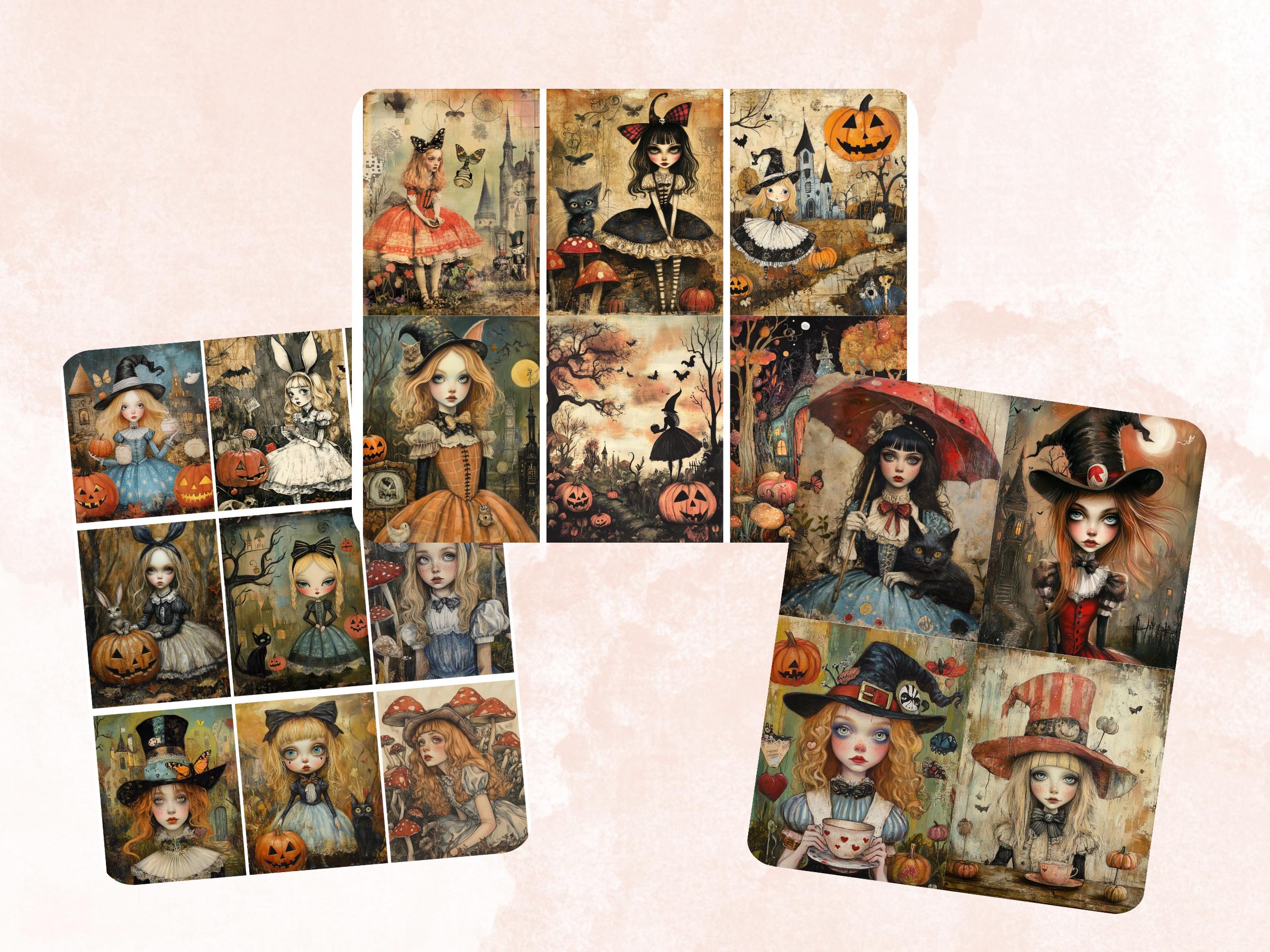 Halloween Alice Collage Paper, Alice in Wonderland Mixed Media Sheet, Creepy Alice Images, Whimsy Junk Journal, Spooky Scrapbook Paper