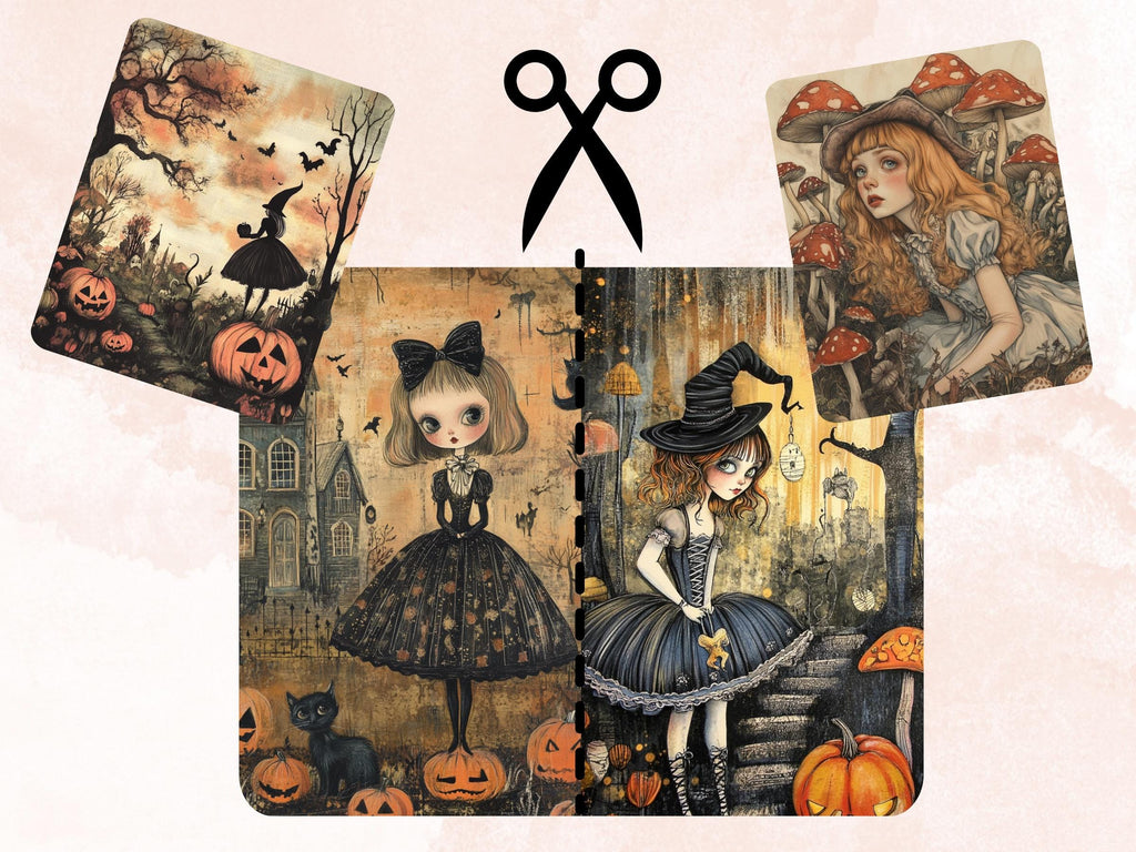 Halloween Alice Collage Paper, Alice in Wonderland Mixed Media Sheet, Creepy Alice Images, Whimsy Junk Journal, Spooky Scrapbook Paper