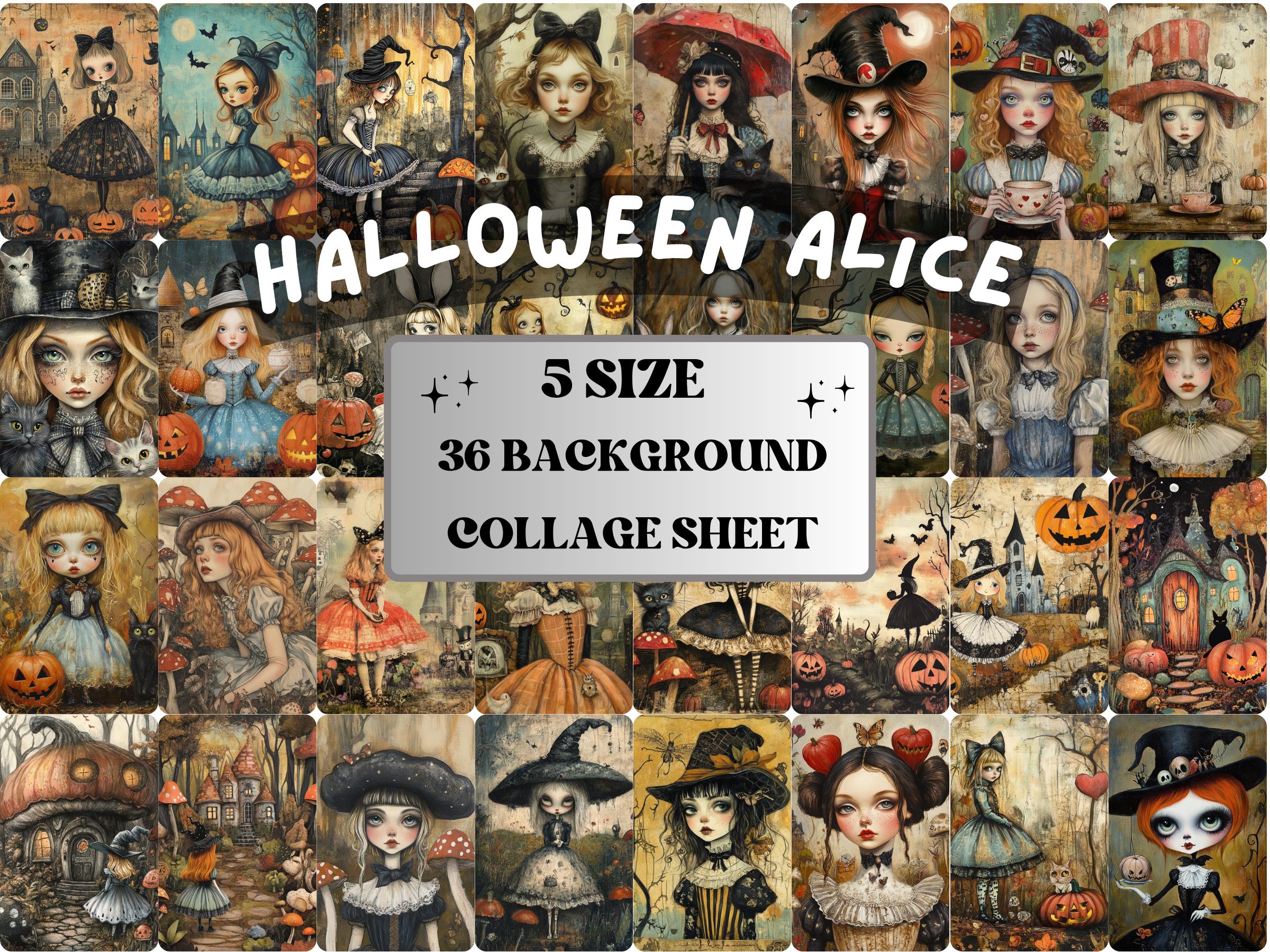 Halloween Alice Collage Paper, Alice in Wonderland Mixed Media Sheet, Creepy Alice Images, Whimsy Junk Journal, Spooky Scrapbook Paper