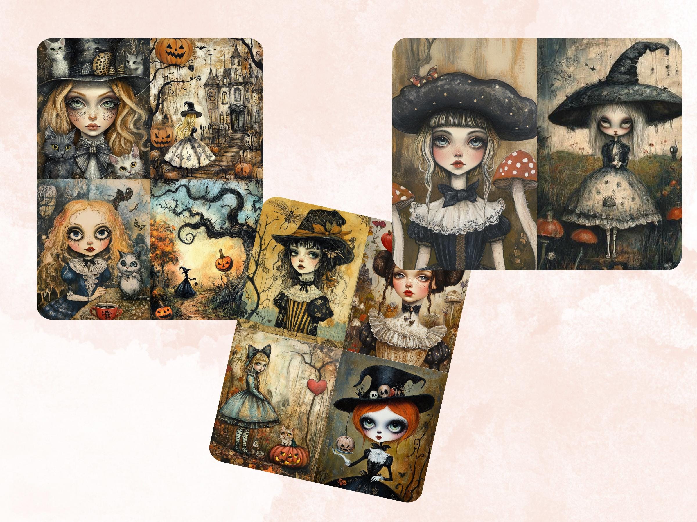 Halloween Alice Collage Paper, Alice in Wonderland Mixed Media Sheet, Creepy Alice Images, Whimsy Junk Journal, Spooky Scrapbook Paper