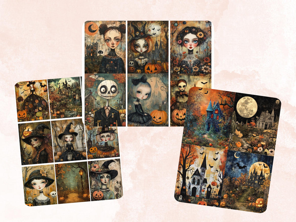 Halloween Garden Collage Paper, Botanical Halloween Mixed Media Sheet, Gothic Ephemera Images, Whimsy Junk Journal, Spooky Scrapbook Paper