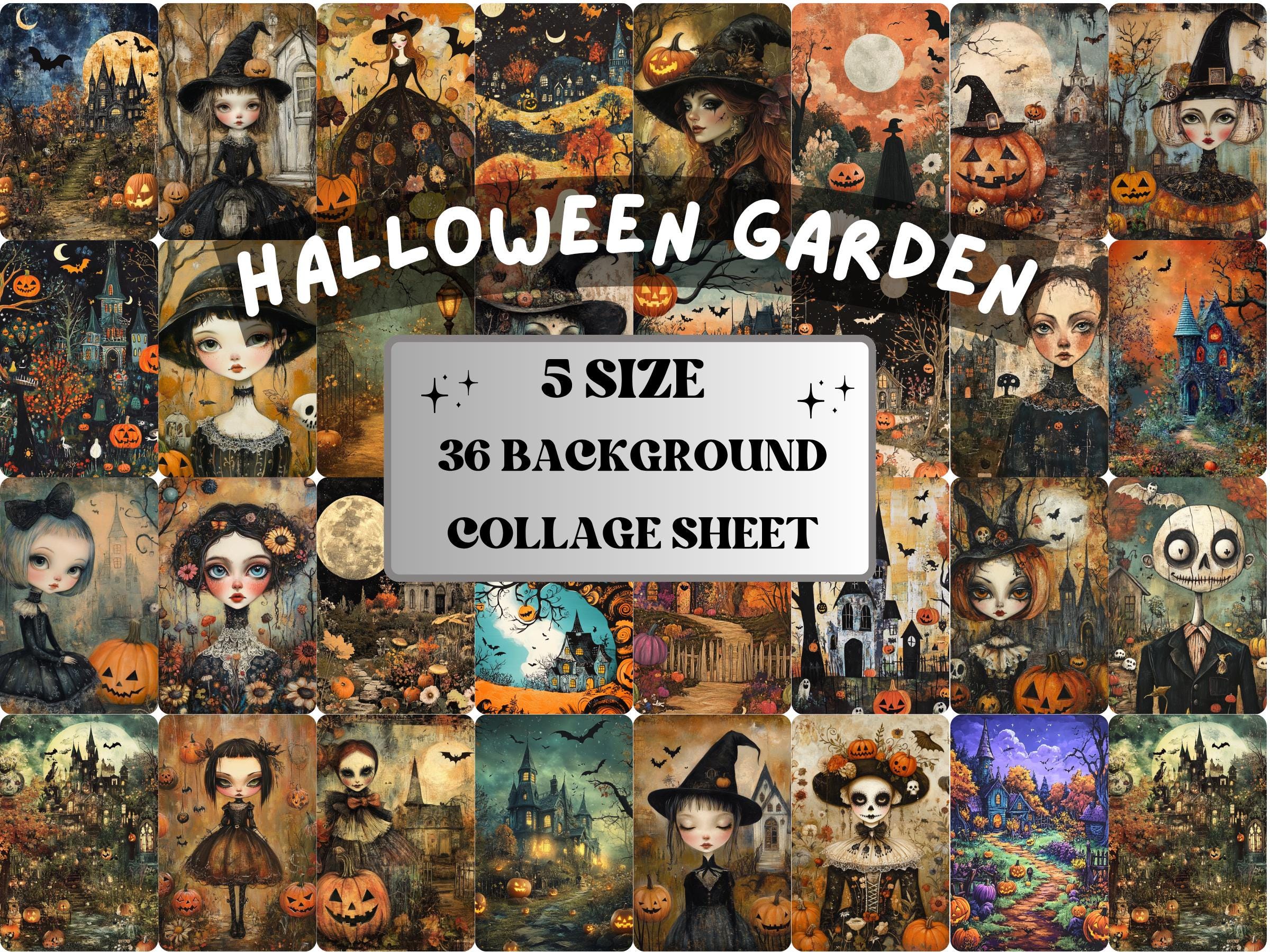 Halloween Garden Collage Paper, Botanical Halloween Mixed Media Sheet, Gothic Ephemera Images, Whimsy Junk Journal, Spooky Scrapbook Paper