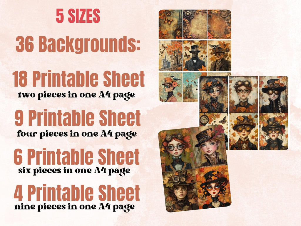 Steampunk Fall Collage Paper, Steampunk Autumn Mixed Media Sheet, Whimsy Fall Ephemera Images, Quirky Junk Journal, Autumn Scrapbook Paper