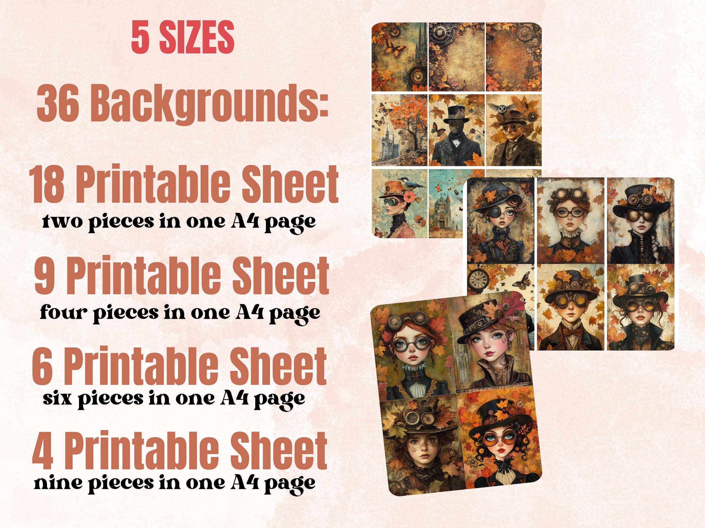 Steampunk Fall Collage Paper, Steampunk Autumn Mixed Media Sheet, Whimsy Fall Ephemera Images, Quirky Junk Journal, Autumn Scrapbook Paper
