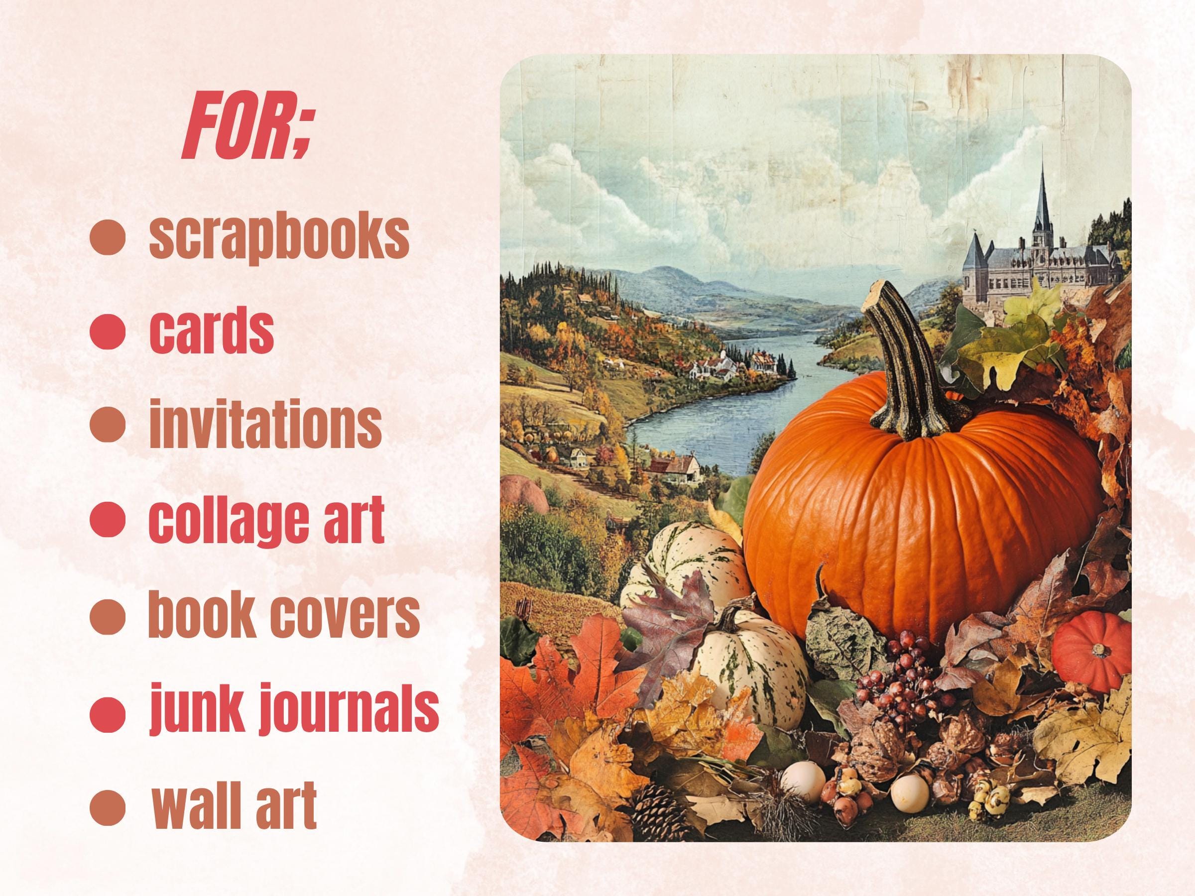 Thanksgiving Whimsy Collage Paper, Pumpkin Harvest Mixed Media Sheet, Whimsy Fall Ephemera, Quirky Junk Journal, Autumn Scrapbook Paper
