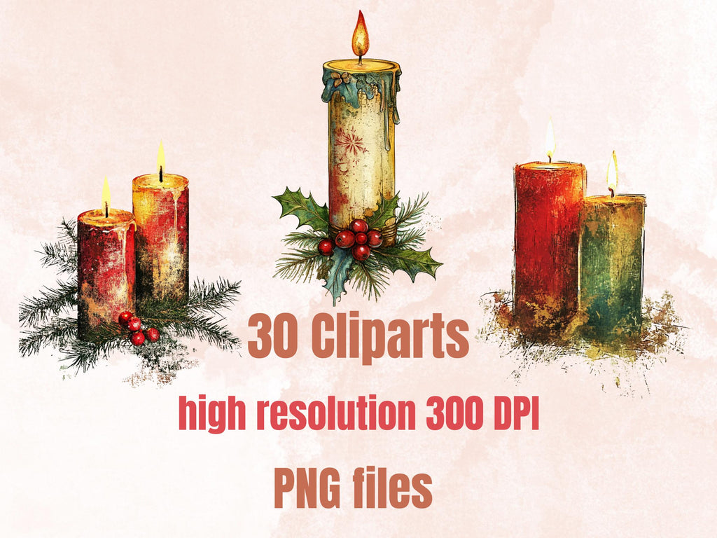 Christmas Candle Mixed Media Clipart, Retro Xmas Candle Fussy Cut Collage Sheet, Ornaments Cut Out Ephemera, PNG + JPG for Scrapbooking