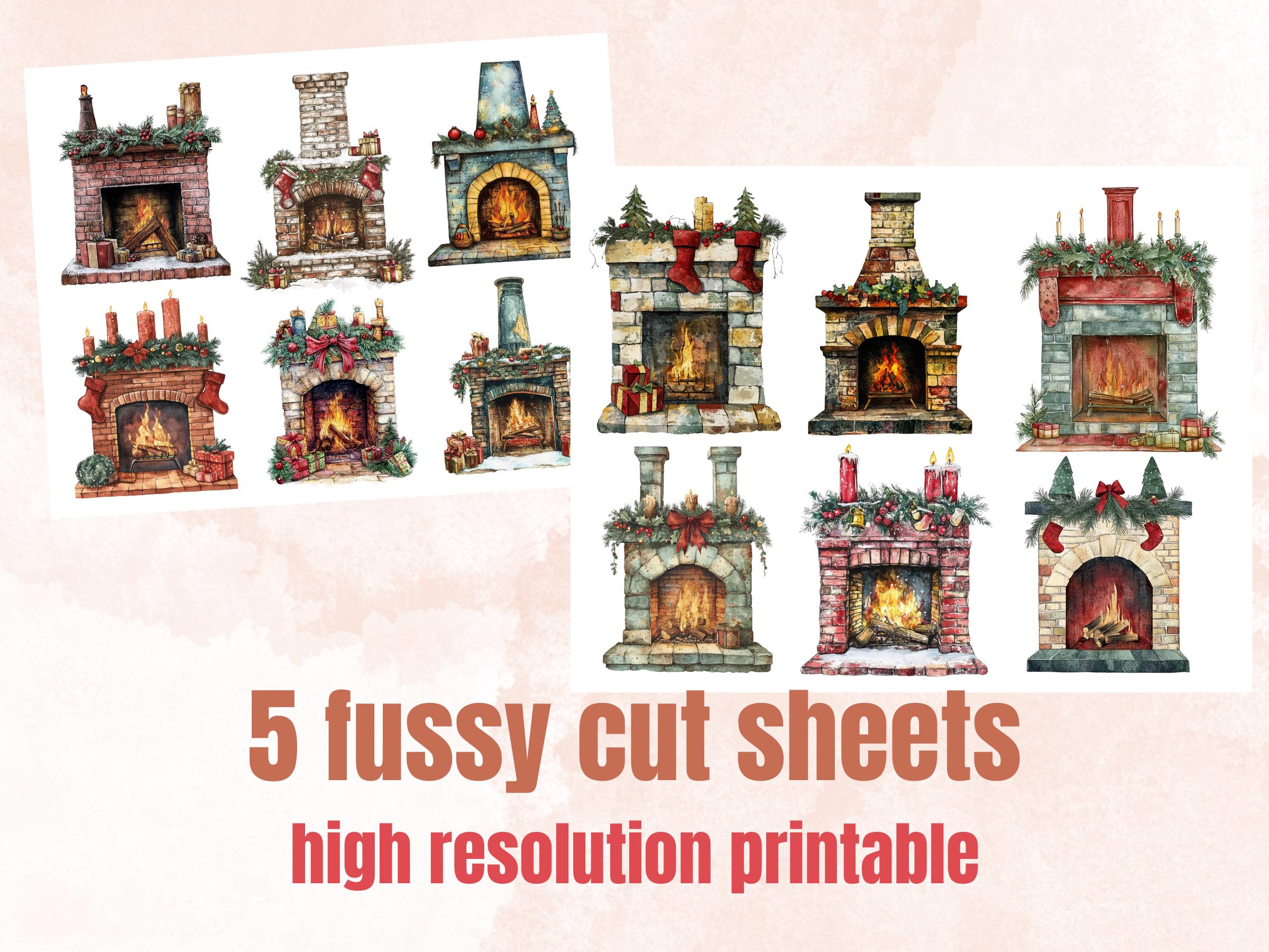 Christmas Fireplace Mixed Media Clipart, Retro Xmas Fireplace Fussy Cut Collage Sheet, Cozy Cut Out Ephemera, PNG + JPG for Scrapbooking