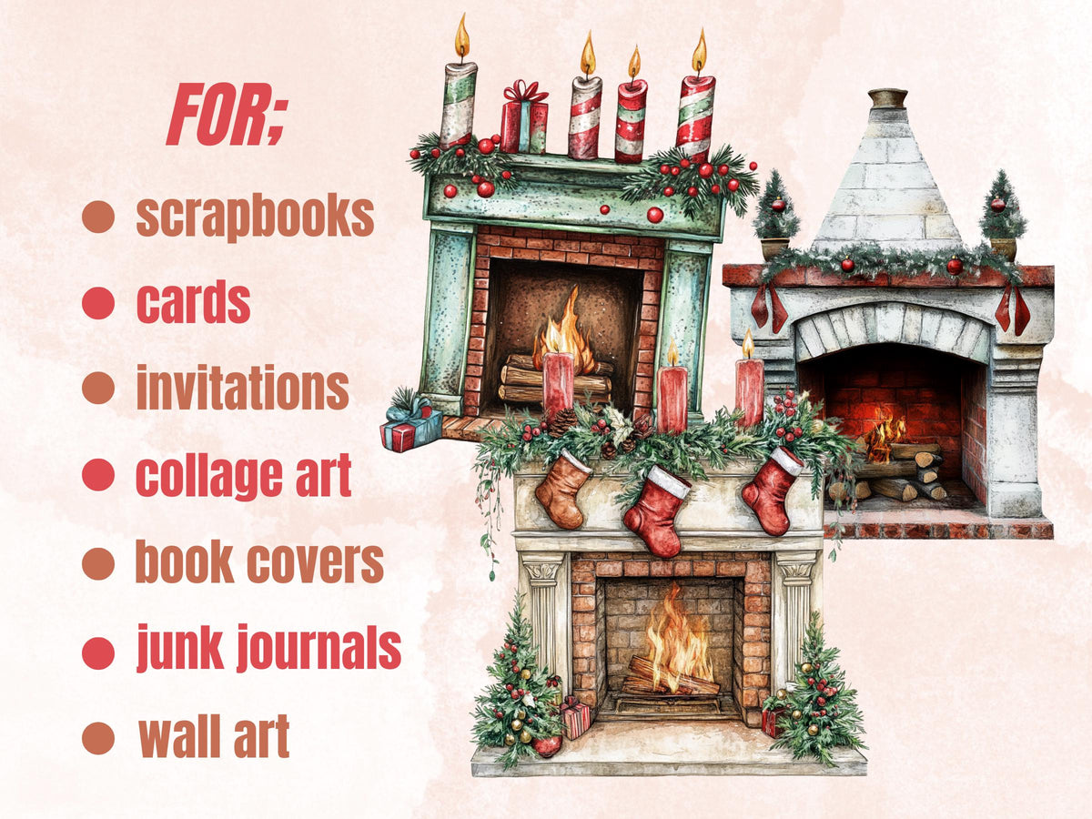 Christmas Fireplace Mixed Media Clipart, Retro Xmas Fireplace Fussy Cut Collage Sheet, Cozy Cut Out Ephemera, PNG + JPG for Scrapbooking