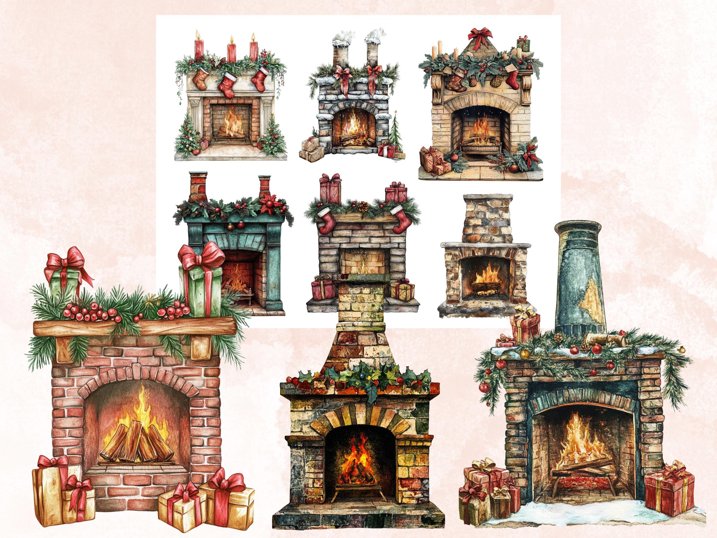 Christmas Fireplace Mixed Media Clipart, Retro Xmas Fireplace Fussy Cut Collage Sheet, Cozy Cut Out Ephemera, PNG + JPG for Scrapbooking
