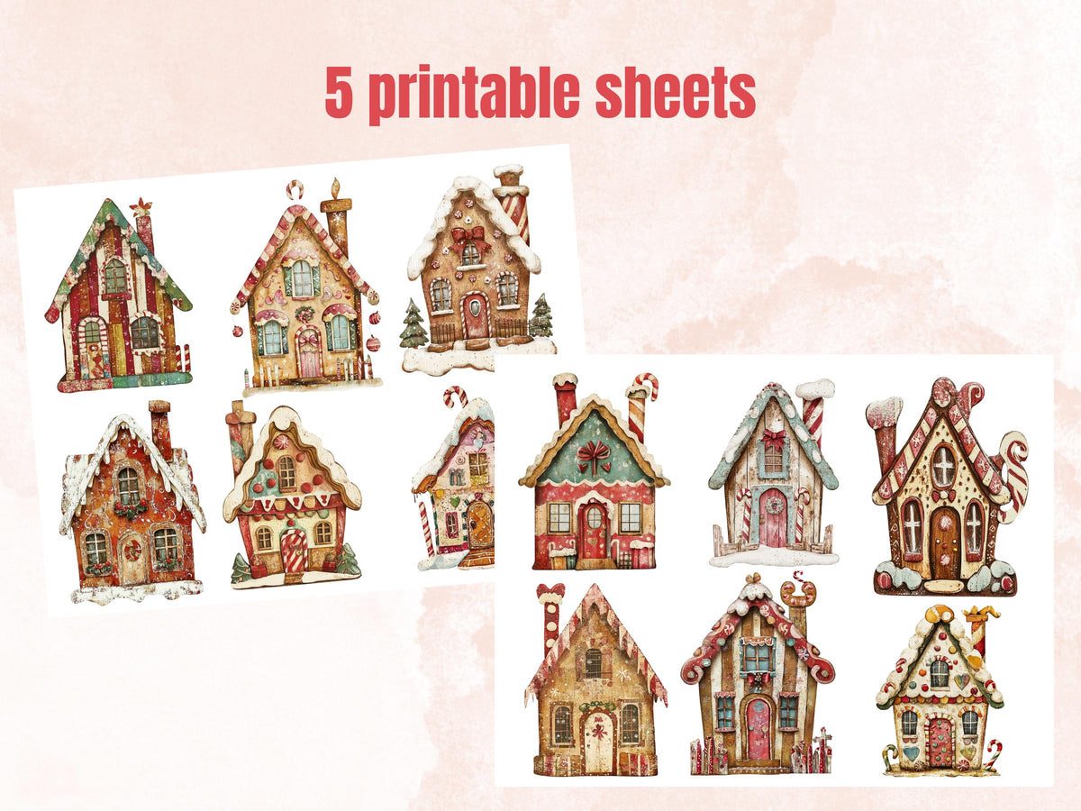 Christmas Gingerbread House Mixed Media Clipart, Xmas House Fussy Cut Collage Sheet, Winter Cut Out Ephemera, PNG + JPG for Scrapbooking