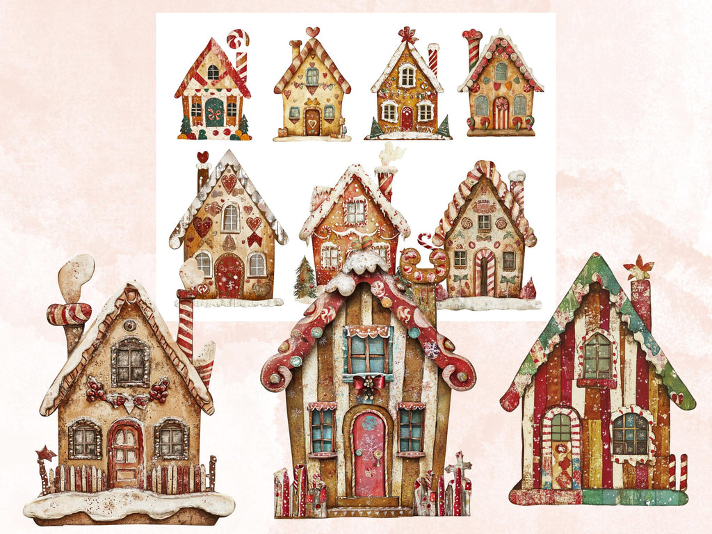 Christmas Gingerbread House Mixed Media Clipart, Xmas House Fussy Cut Collage Sheet, Winter Cut Out Ephemera, PNG + JPG for Scrapbooking