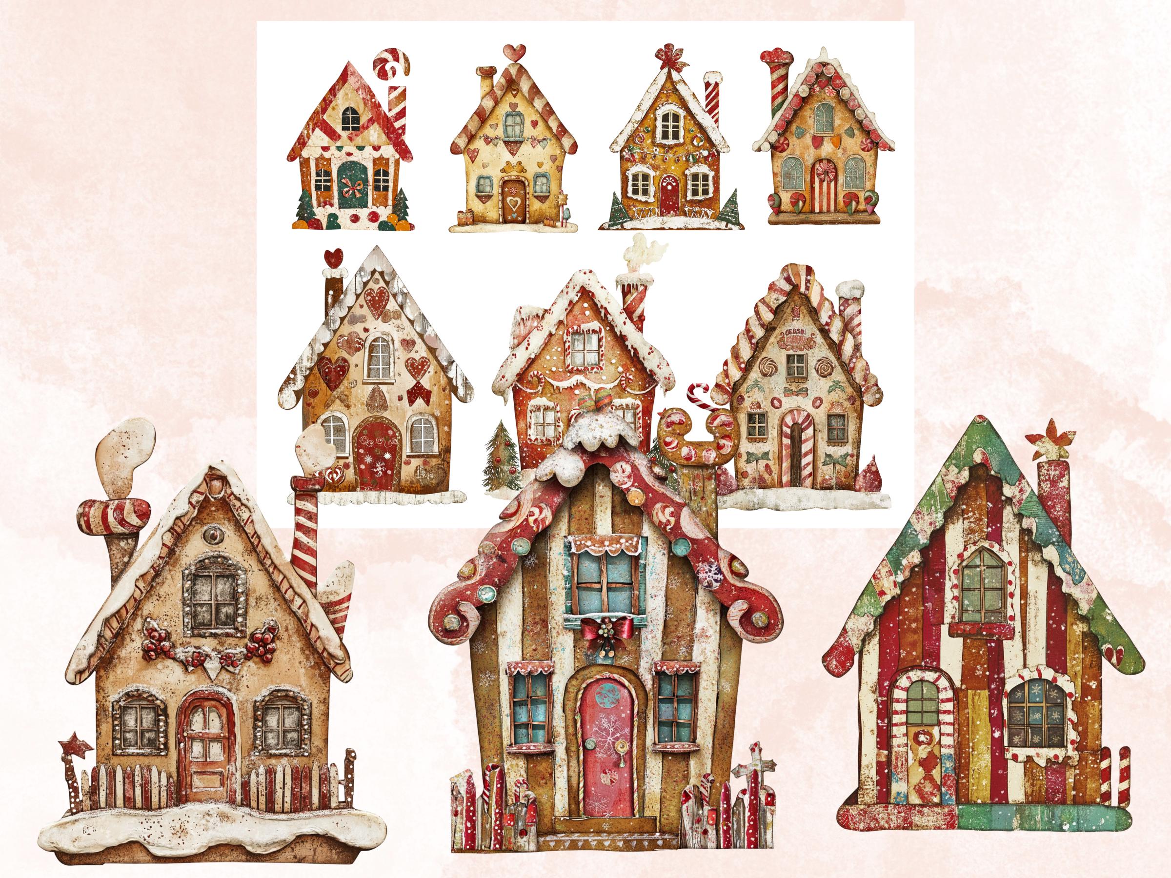 Christmas Gingerbread House Mixed Media Clipart, Xmas House Fussy Cut Collage Sheet, Winter Cut Out Ephemera, PNG + JPG for Scrapbooking