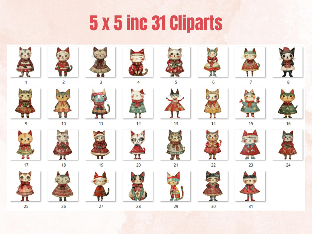 Christmas Cat Doll Mixed Media Clipart, Retro Xmas Cat Fussy Cut Collage Sheet, Paper Doll Cut Out Ephemera, PNG + JPG for Scrapbooking