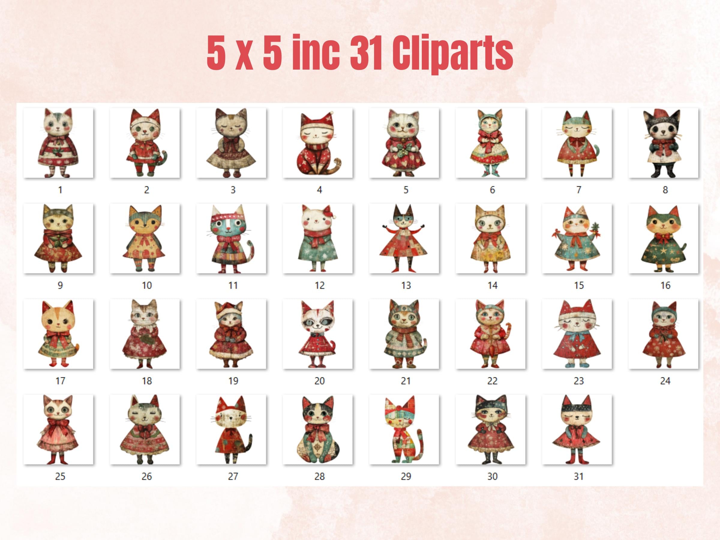 Christmas Cat Doll Mixed Media Clipart, Retro Xmas Cat Fussy Cut Collage Sheet, Paper Doll Cut Out Ephemera, PNG + JPG for Scrapbooking