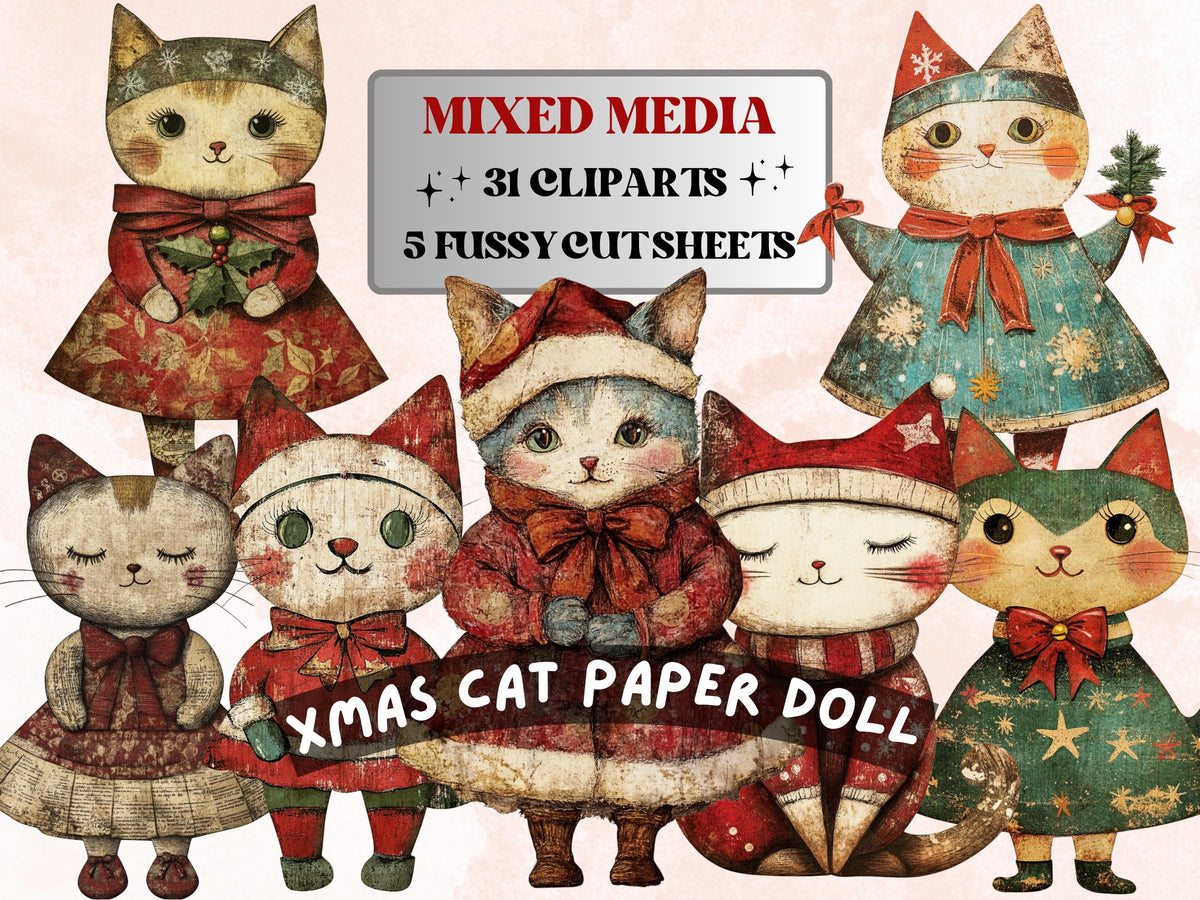 Christmas Cat Doll Mixed Media Clipart, Retro Xmas Cat Fussy Cut Collage Sheet, Paper Doll Cut Out Ephemera, PNG + JPG for Scrapbooking