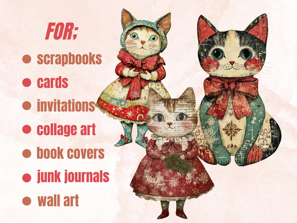Christmas Cat Doll Mixed Media Clipart, Retro Xmas Cat Fussy Cut Collage Sheet, Paper Doll Cut Out Ephemera, PNG + JPG for Scrapbooking