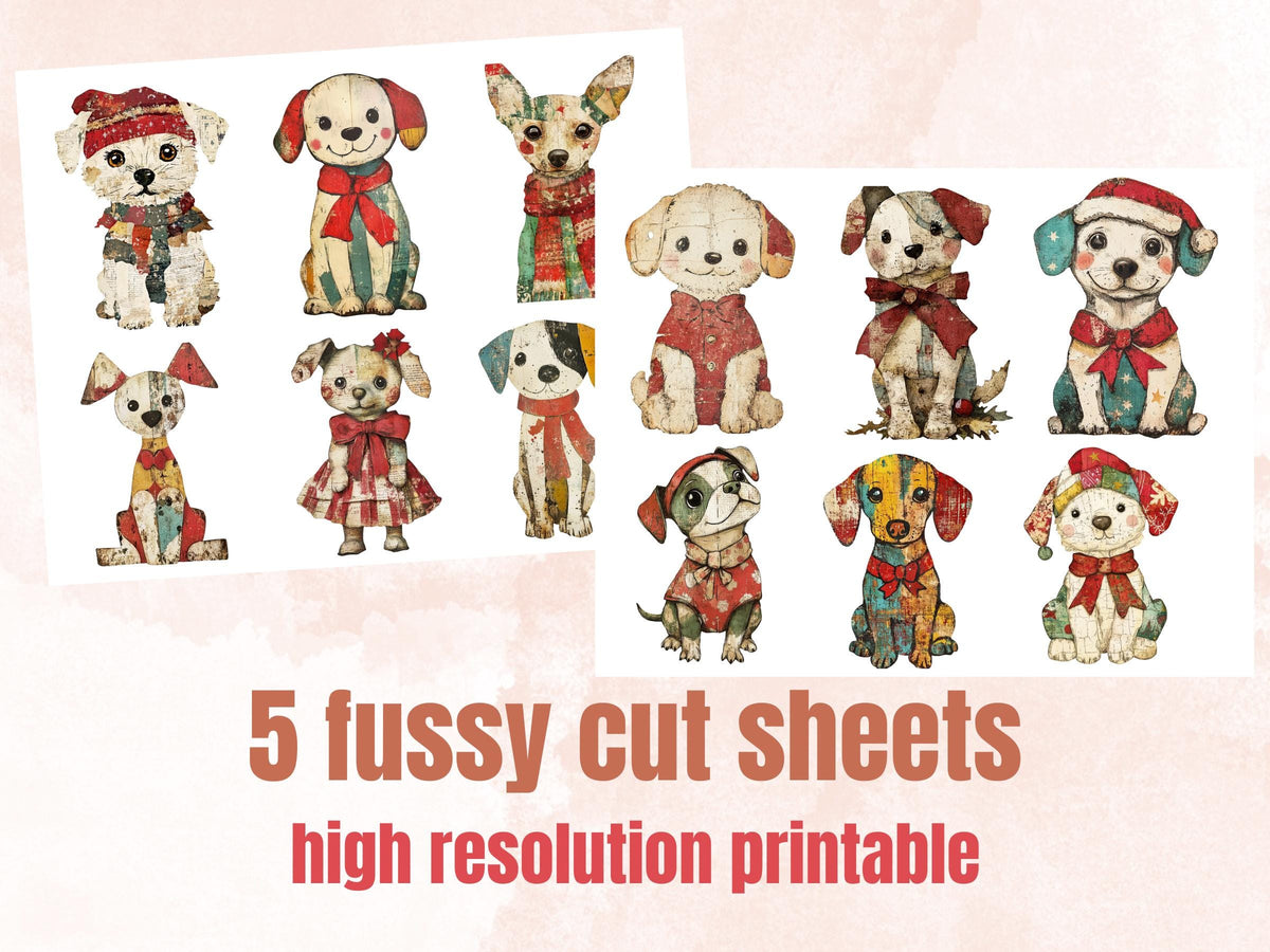 Christmas Dog Doll Mixed Media Clipart, Retro Xmas Dog Fussy Cut Collage Sheet, Paper Doll Cut Out Ephemera, PNG + JPG for Scrapbooking