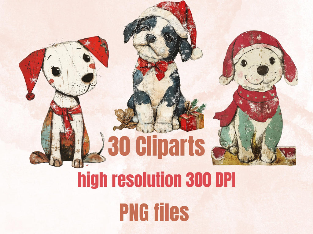 Christmas Dog Doll Mixed Media Clipart, Retro Xmas Dog Fussy Cut Collage Sheet, Paper Doll Cut Out Ephemera, PNG + JPG for Scrapbooking
