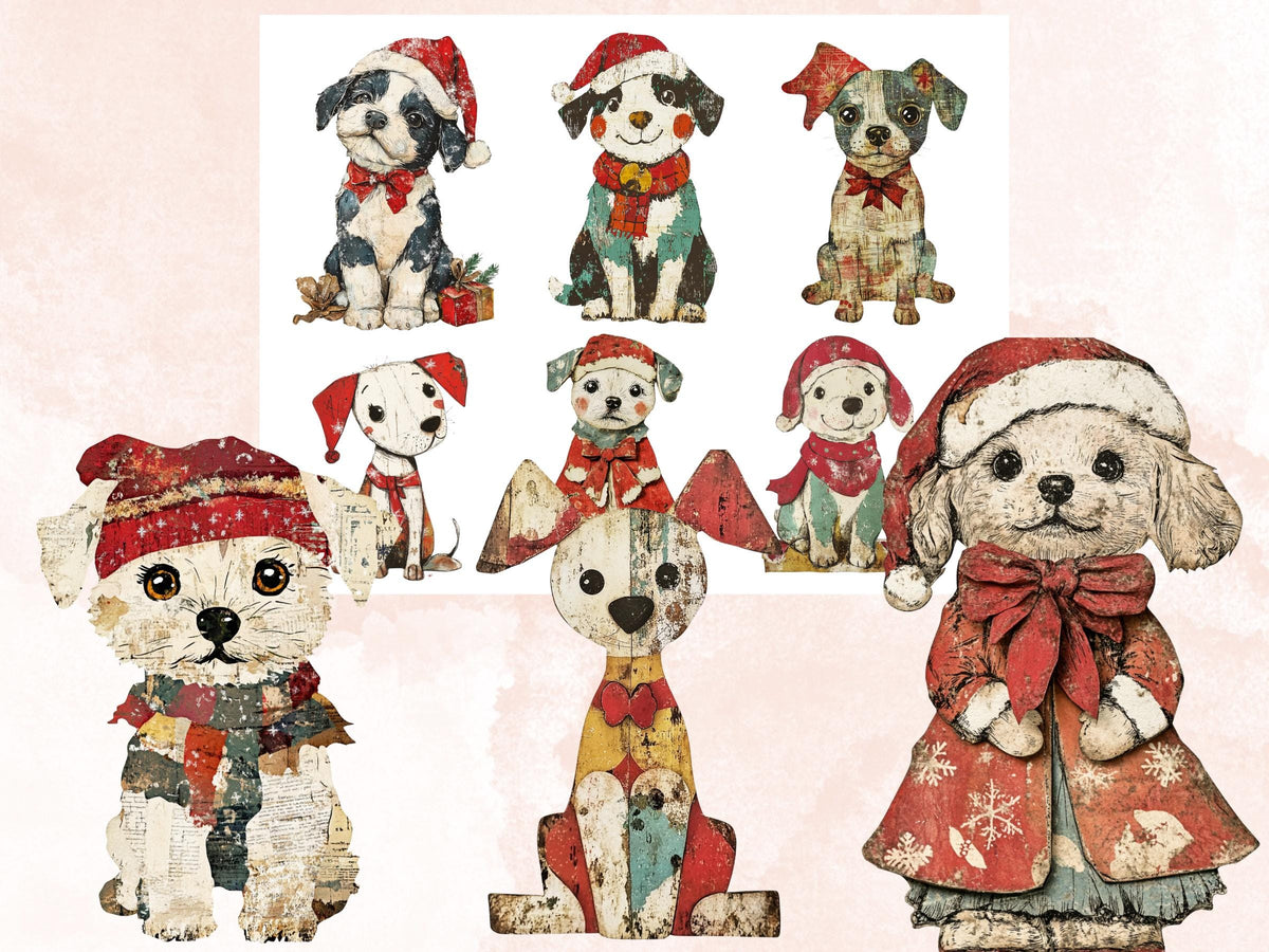 Christmas Dog Doll Mixed Media Clipart, Retro Xmas Dog Fussy Cut Collage Sheet, Paper Doll Cut Out Ephemera, PNG + JPG for Scrapbooking