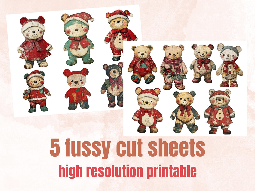 Christmas Bear Doll Mixed Media Clipart, Retro Xmas Bear Fussy Cut Collage Sheet, Paper Doll Cut Out Ephemera, PNG + JPG for Scrapbooking