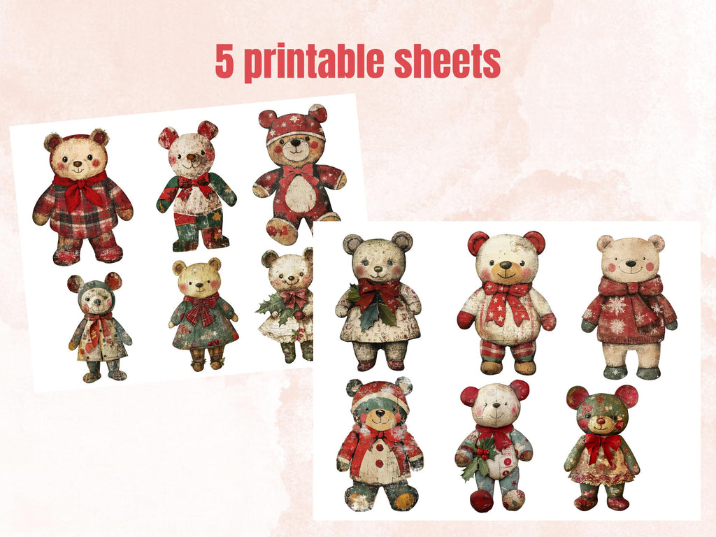 Christmas Bear Doll Mixed Media Clipart, Retro Xmas Bear Fussy Cut Collage Sheet, Paper Doll Cut Out Ephemera, PNG + JPG for Scrapbooking
