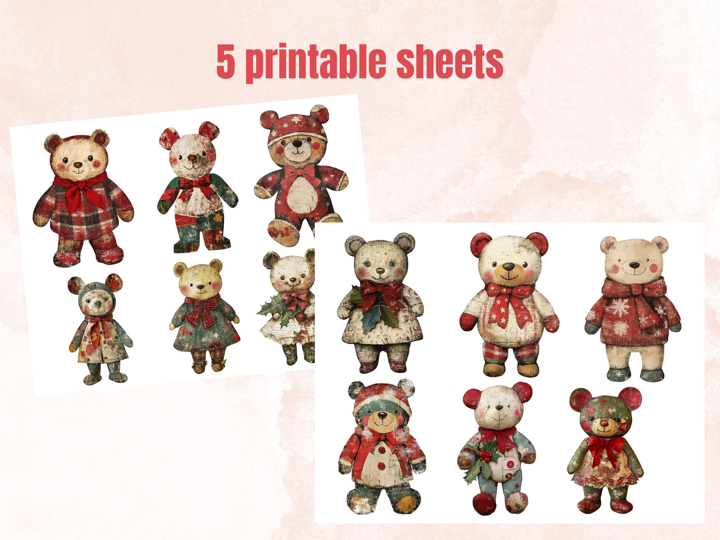 Christmas Bear Doll Mixed Media Clipart, Retro Xmas Bear Fussy Cut Collage Sheet, Paper Doll Cut Out Ephemera, PNG + JPG for Scrapbooking