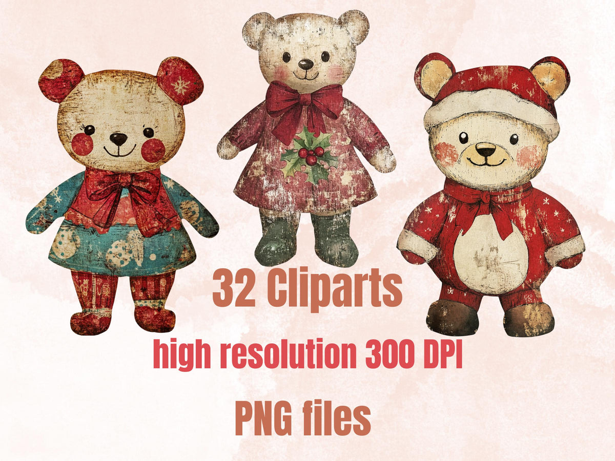 Christmas Bear Doll Mixed Media Clipart, Retro Xmas Bear Fussy Cut Collage Sheet, Paper Doll Cut Out Ephemera, PNG + JPG for Scrapbooking