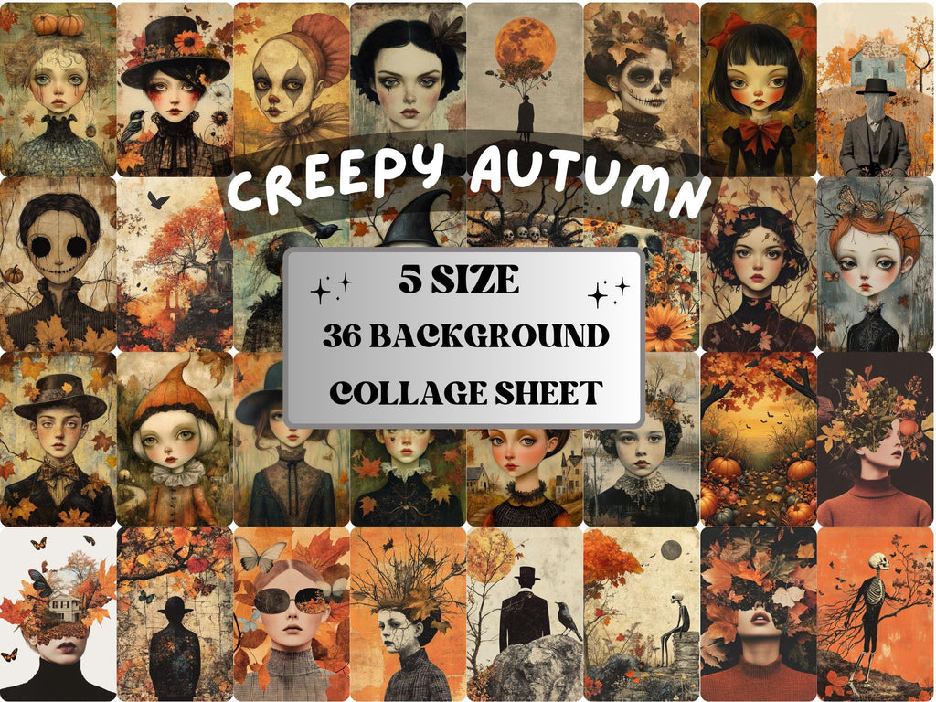 Creepy Fall Collage Paper, Gothic Autumn Mixed Media Sheet, Spooky Fall Ephemera Images, Whimsical Junk Journal, Autumn Scrapbook Paper