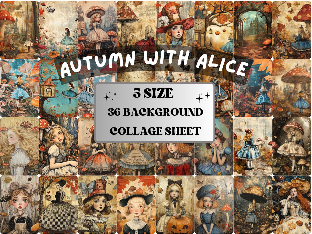 Fall Alice Collage Paper, Alice in Wonderland Mixed Media Sheet, Fairytale Fall Ephemera Images, Alice Junk Journal, Autumn Scrapbook Paper