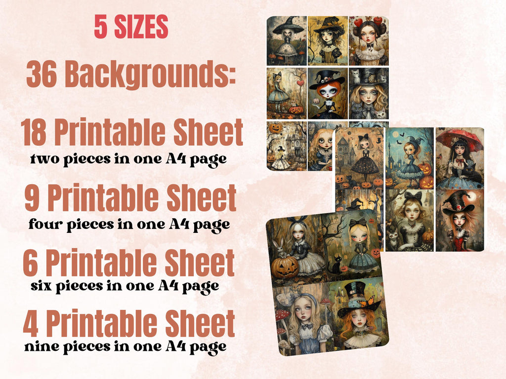 Halloween Alice Collage Paper, Alice in Wonderland Mixed Media Sheet, Creepy Alice Images, Whimsy Junk Journal, Spooky Scrapbook Paper