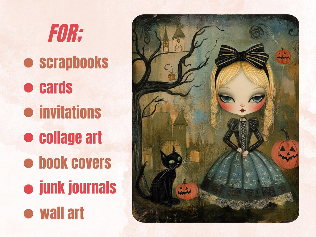 Halloween Alice Collage Paper, Alice in Wonderland Mixed Media Sheet, Creepy Alice Images, Whimsy Junk Journal, Spooky Scrapbook Paper