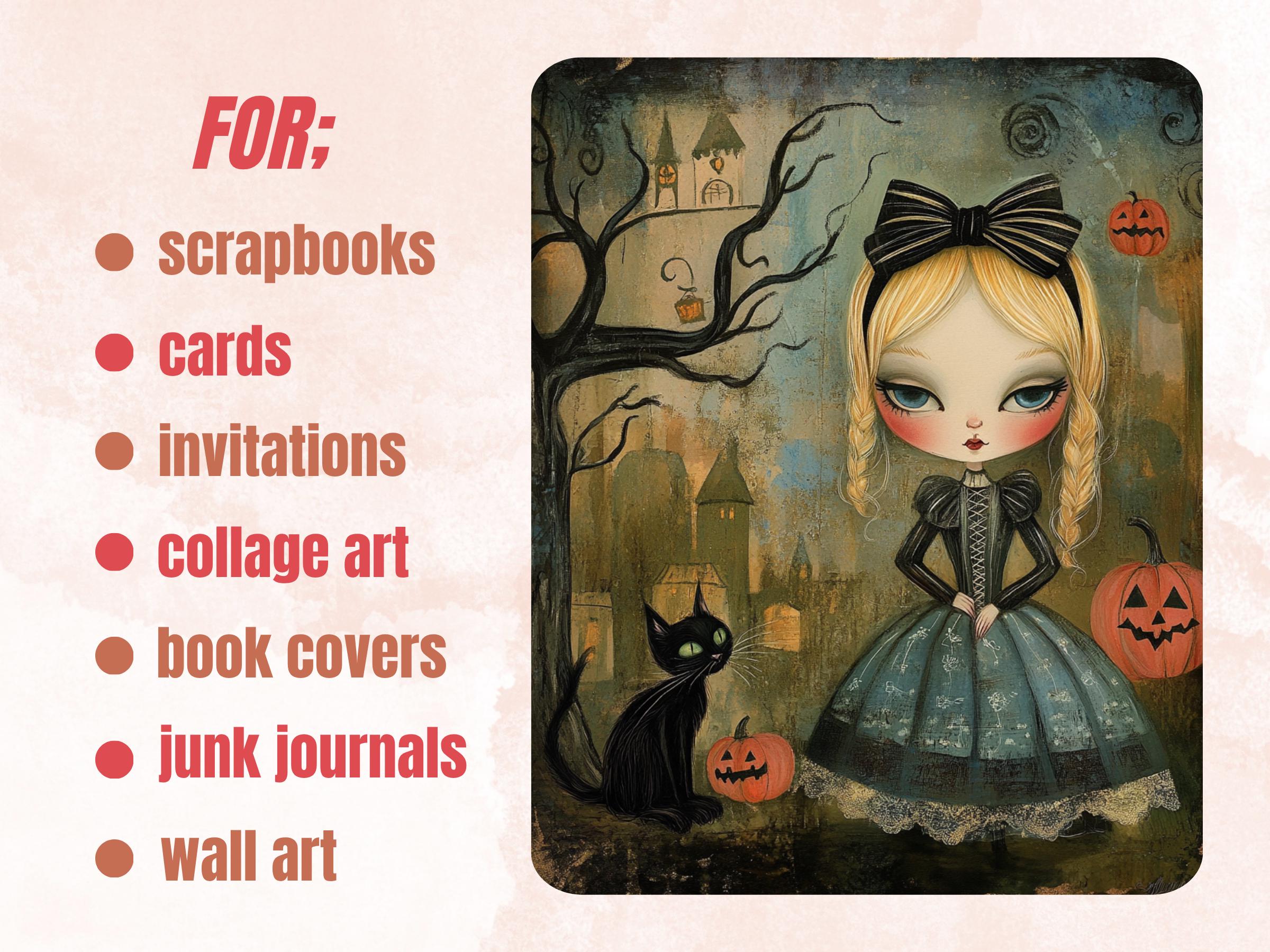 Halloween Alice Collage Paper, Alice in Wonderland Mixed Media Sheet, Creepy Alice Images, Whimsy Junk Journal, Spooky Scrapbook Paper
