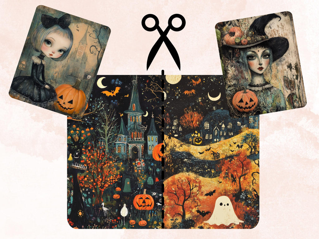 Halloween Garden Collage Paper, Botanical Halloween Mixed Media Sheet, Gothic Ephemera Images, Whimsy Junk Journal, Spooky Scrapbook Paper