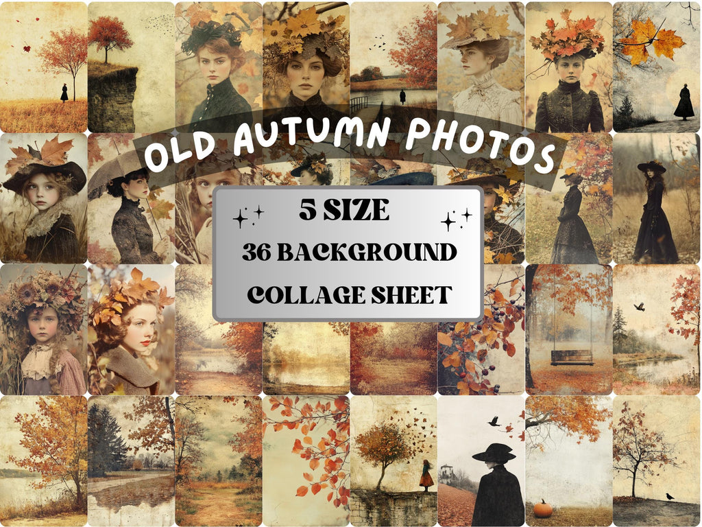 Old Autumn Photos Collage Paper, Vintage Fall Mixed Media Sheet, Autumn Old Pictures Ephemera, Fall Junk Journal, Retro Scrapbook Paper
