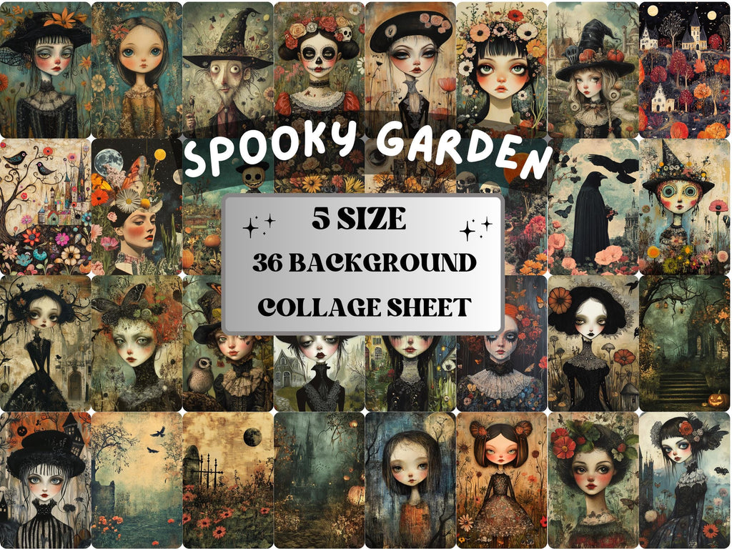 Spooky Garden Collage Paper, Creepy Garden Mixed Media Sheet, Gothic Garden Ephemera Images, Whimsy Junk Journal, Halloween Scrapbook Paper