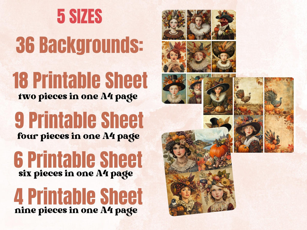 Thanksgiving Whimsy Collage Paper, Pumpkin Harvest Mixed Media Sheet, Whimsy Fall Ephemera, Quirky Junk Journal, Autumn Scrapbook Paper